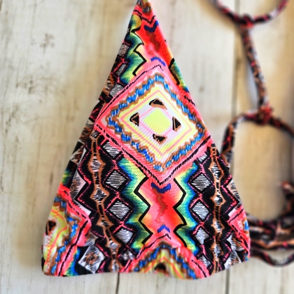 Volcom Swim Bikini Halter Strappy Top T-back detail Geometric Aztec Tribal Print - Picture 4 of 7